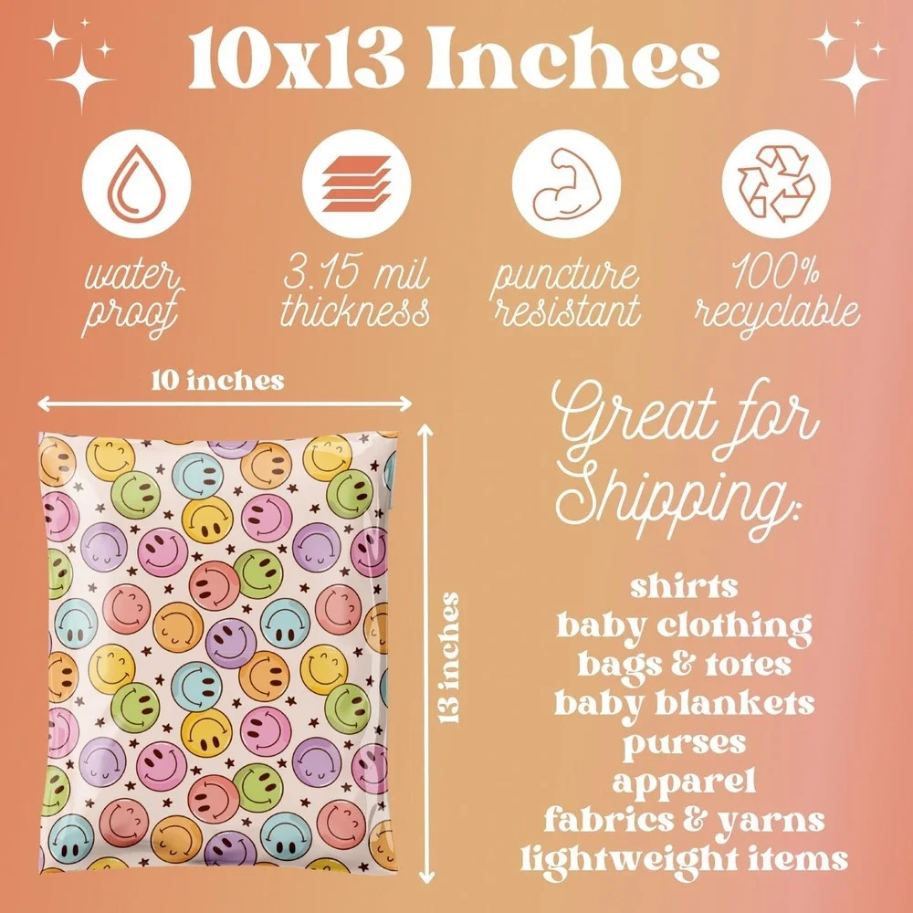Happy Smiley Faces Poly Mailers 10x13 Inch 100 Pack Shipping Supplies COlorful